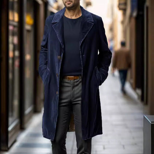 Eleganter Mid-Lang Herren Trenchcoat aus Cord mit Ein-Knopf-Verschluss