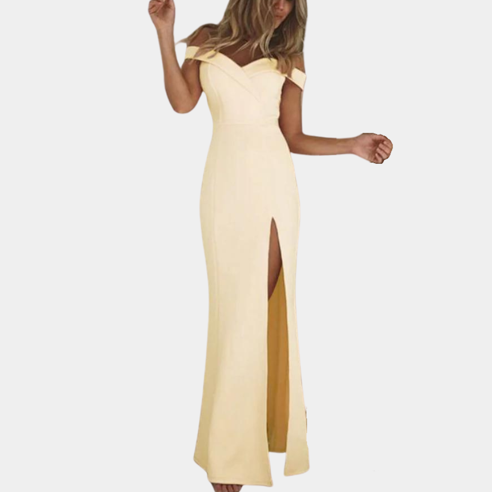 Amara | Damen-Off-Shoulder-Maxikleid mit Seitenschlitz – elegant, luftig und stilvoll