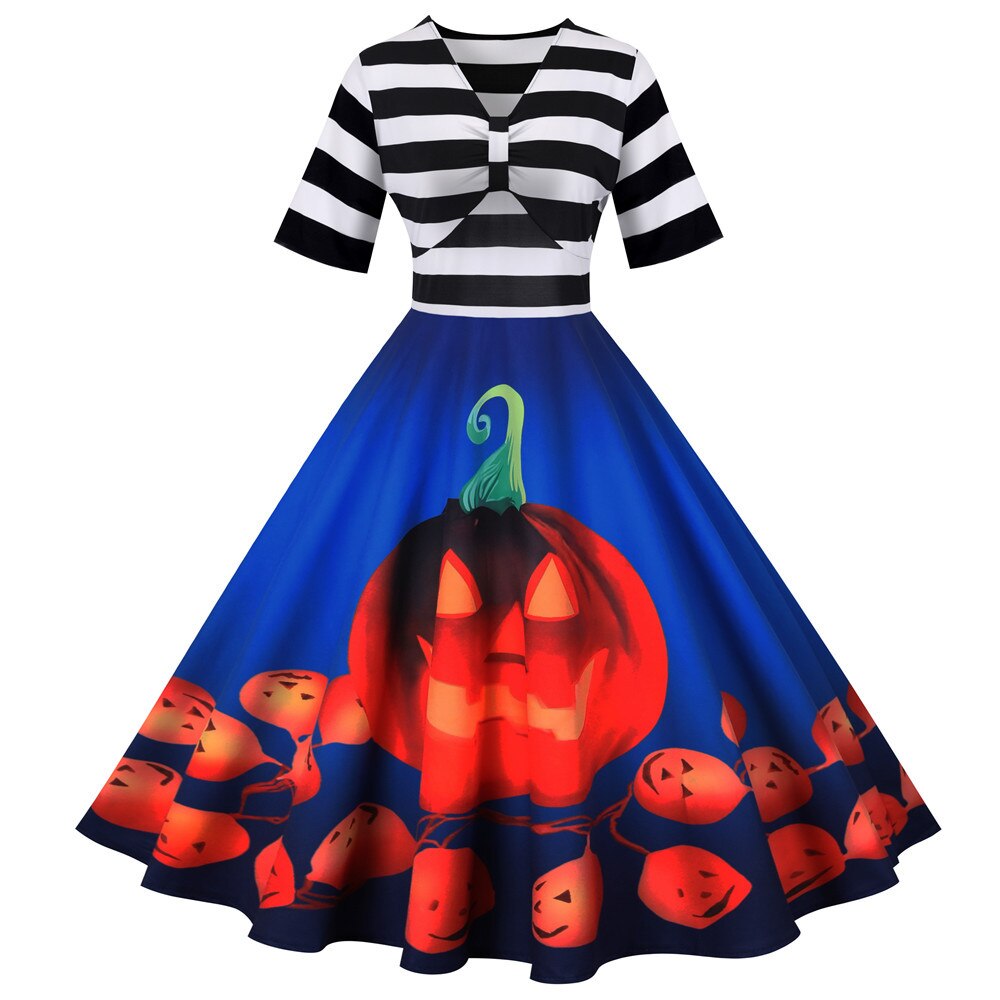 Damen Halloween Kostüm – Midi Kleid mit Kürbis Druck
