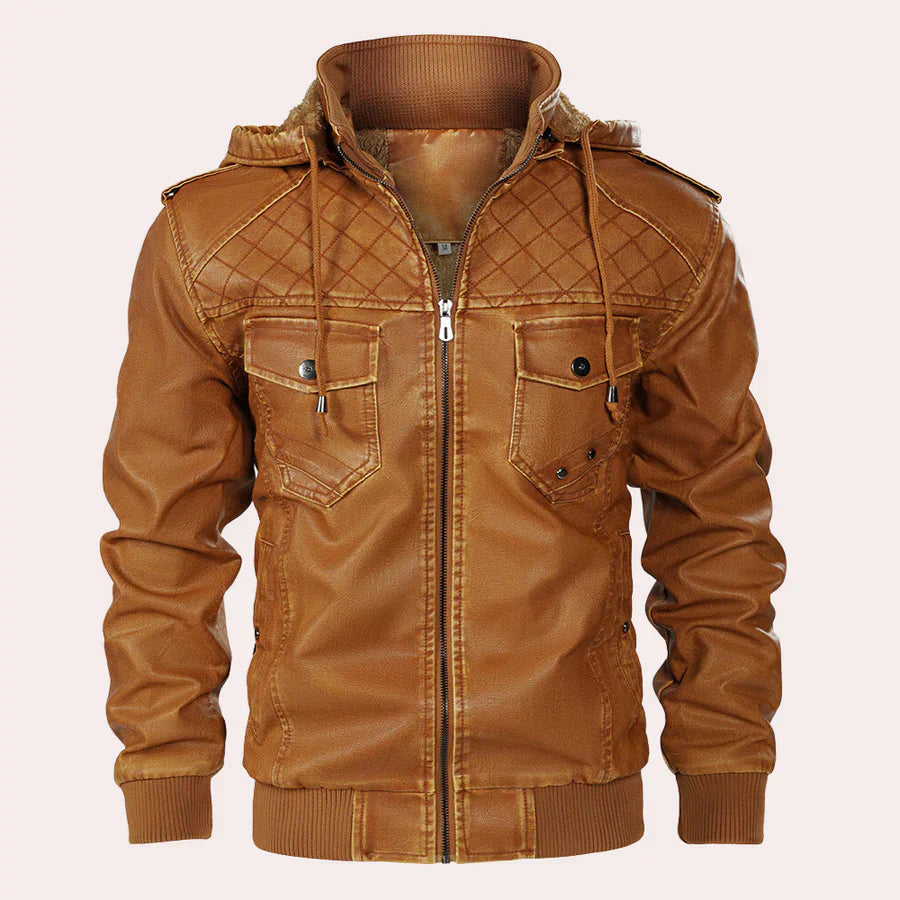 Elegante Herren Lederjacke Mit Kapuzenpulli Trendy