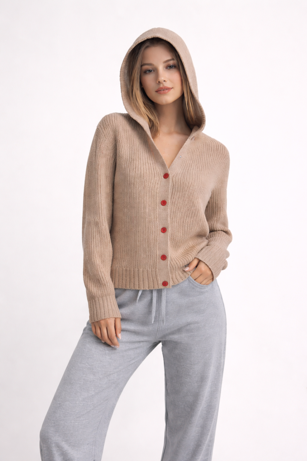 Womens Y2K Ribbed Hooded Knit Cardigan