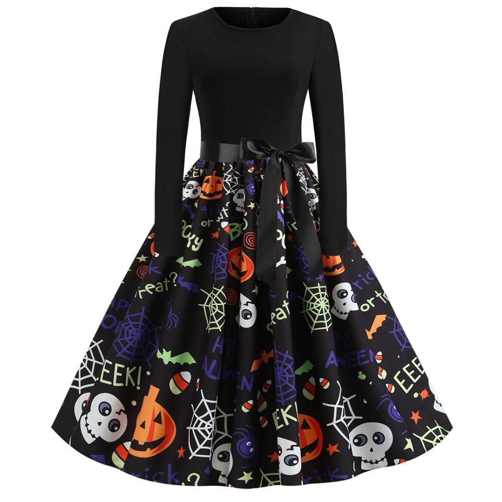 Damen Halloween Kostüm – Gothic Midi Kleid mit Karikatur Druck