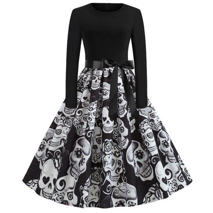 Damen Halloween Kostüm – Gothic Midi Kleid mit Karikatur Druck