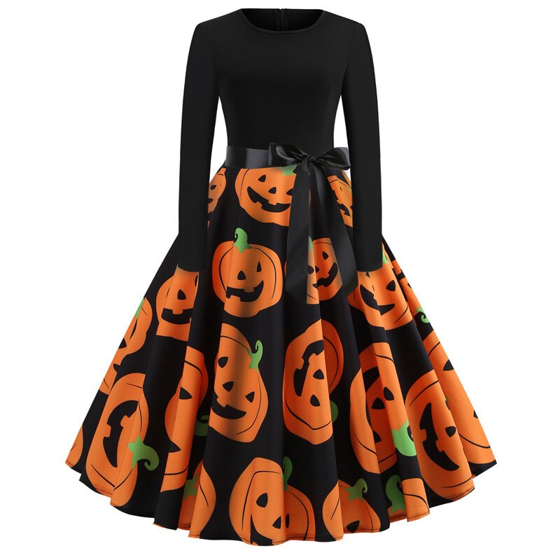 Damen Halloween Kostüm – Gothic Midi Kleid mit Karikatur Druck