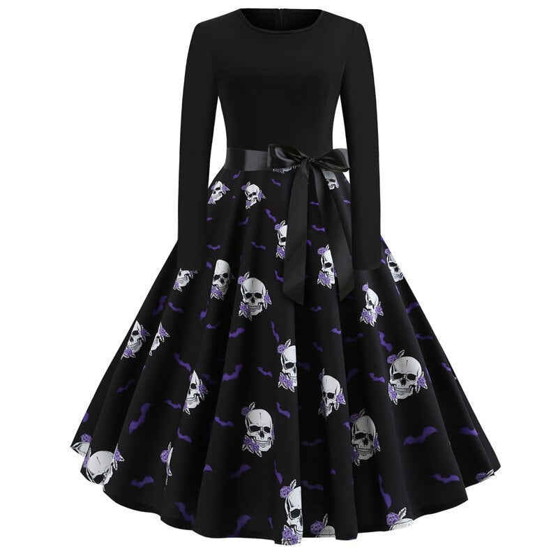 Damen Halloween Kostüm – Gothic Midi Kleid mit Karikatur Druck