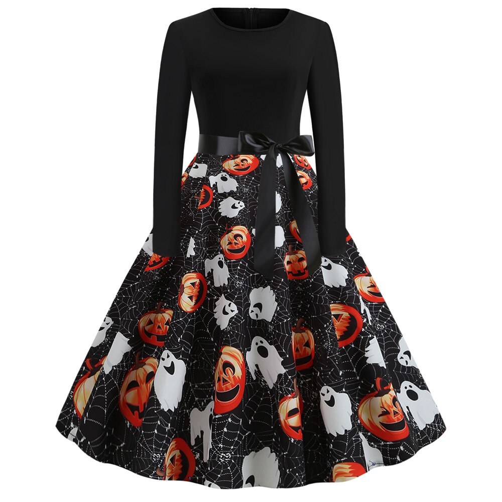 Damen Halloween Kostüm – Gothic Midi Kleid mit Karikatur Druck