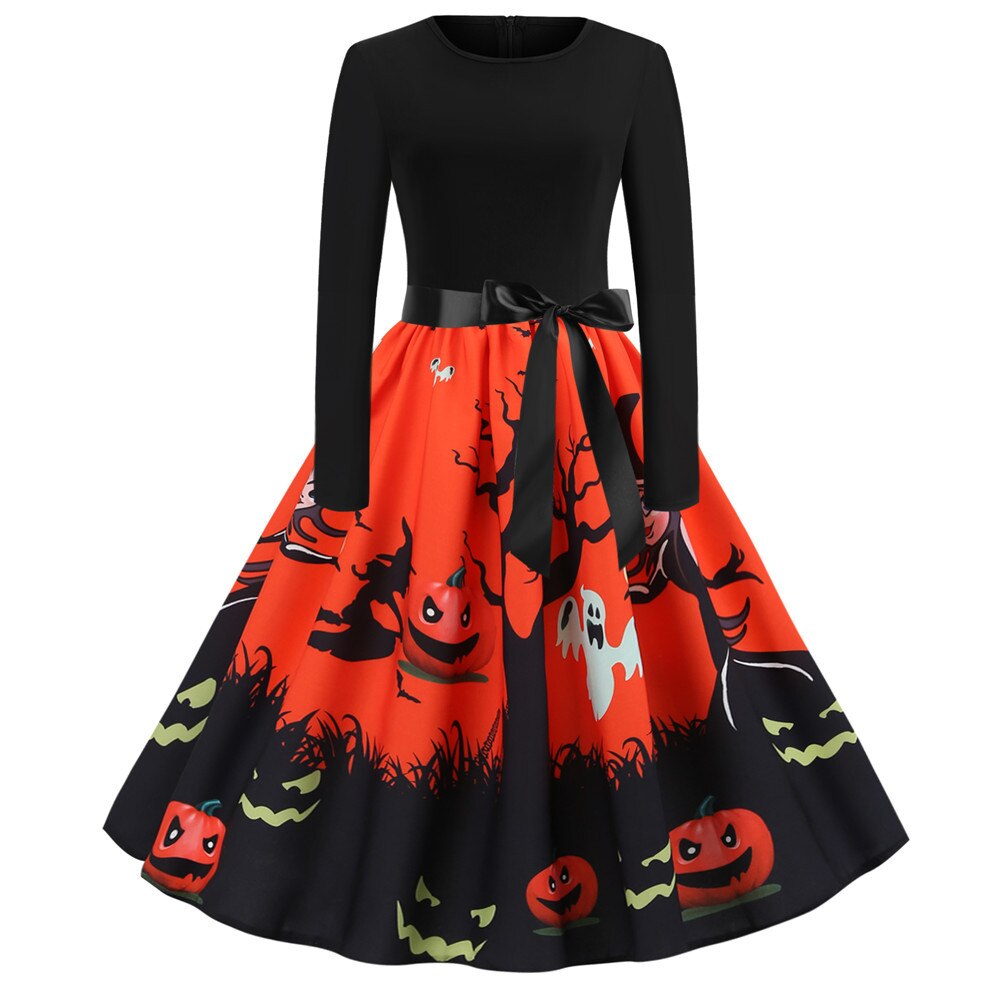 Damen Halloween Kostüm – Gothic Midi Kleid mit Karikatur Druck