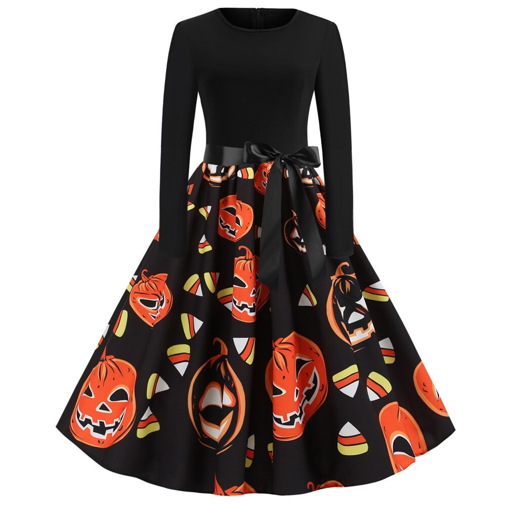 Damen Halloween Kostüm – Gothic Midi Kleid mit Karikatur Druck