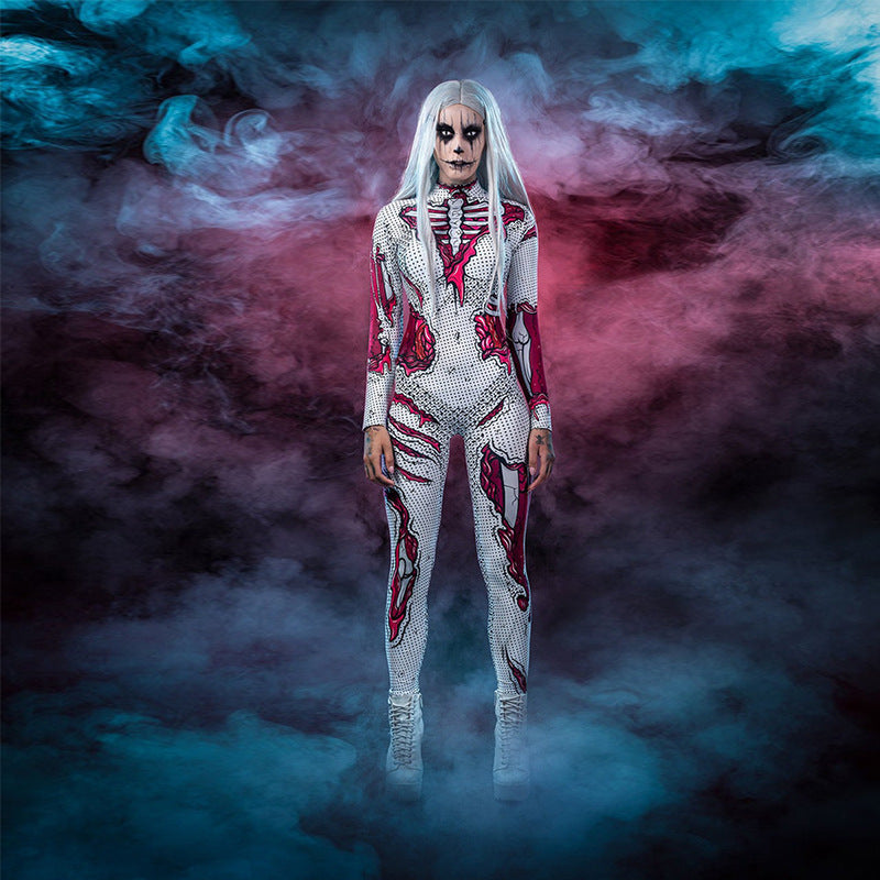 Damen Halloween Kostüm – Langärmliges Kleid mit Skelett Druck