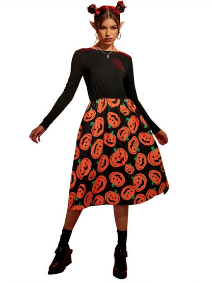 Damen Halloween Kostümkleid – Midi Kleid mit Kürbis Druck & Langen Ärmeln