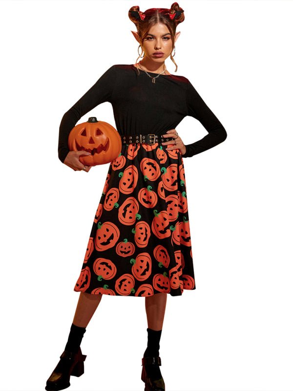 Damen Halloween Kostümkleid – Midi Kleid mit Kürbis Druck & Langen Ärmeln