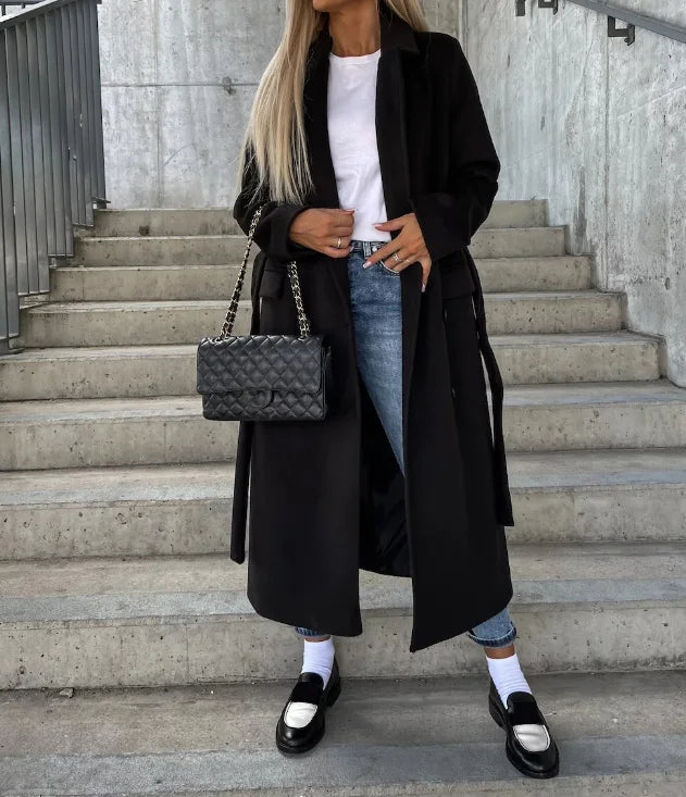 Damen Wintermantel Lang – Doppelreihig mit Gürtel im klassischen Look