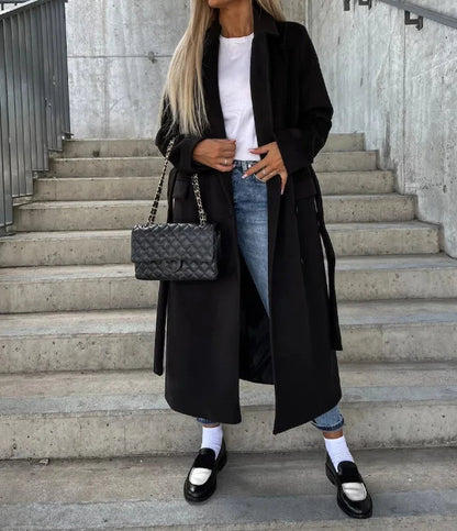 Damen Wintermantel Lang – Doppelreihig mit Gürtel im klassischen Look