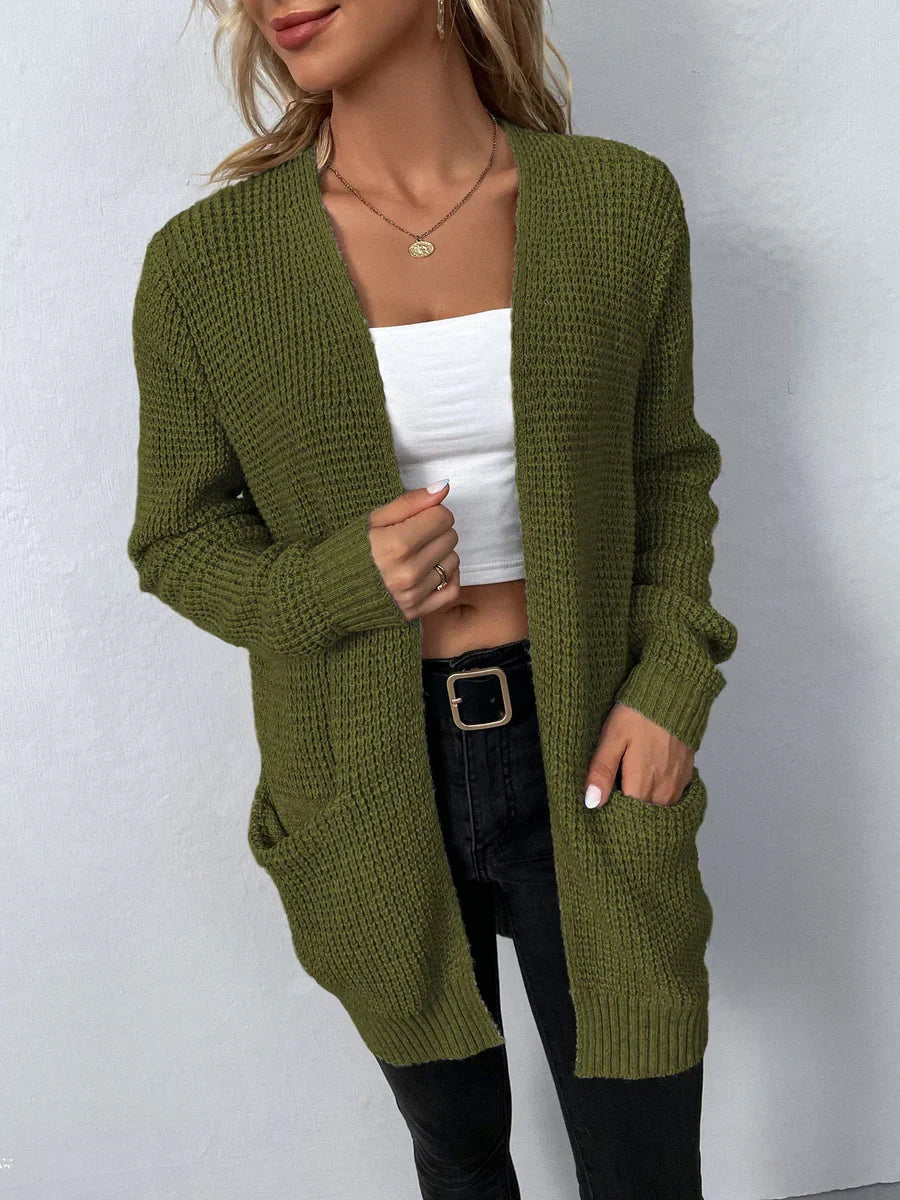 Elegante lange Damenstrickjacke mit V-Ausschnitt für stilvolle Anlässe