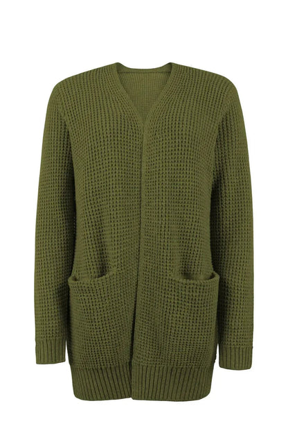 Elegante lange Damenstrickjacke mit V-Ausschnitt für stilvolle Anlässe