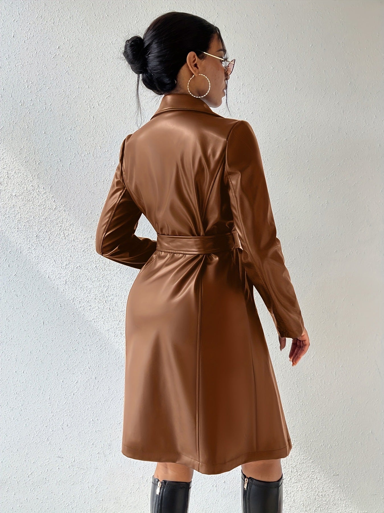 Eleganter Damen-PU-Leder-Trenchcoat mit langen Ärmeln und Taschen – Slim Fit in verschiedenen Farben