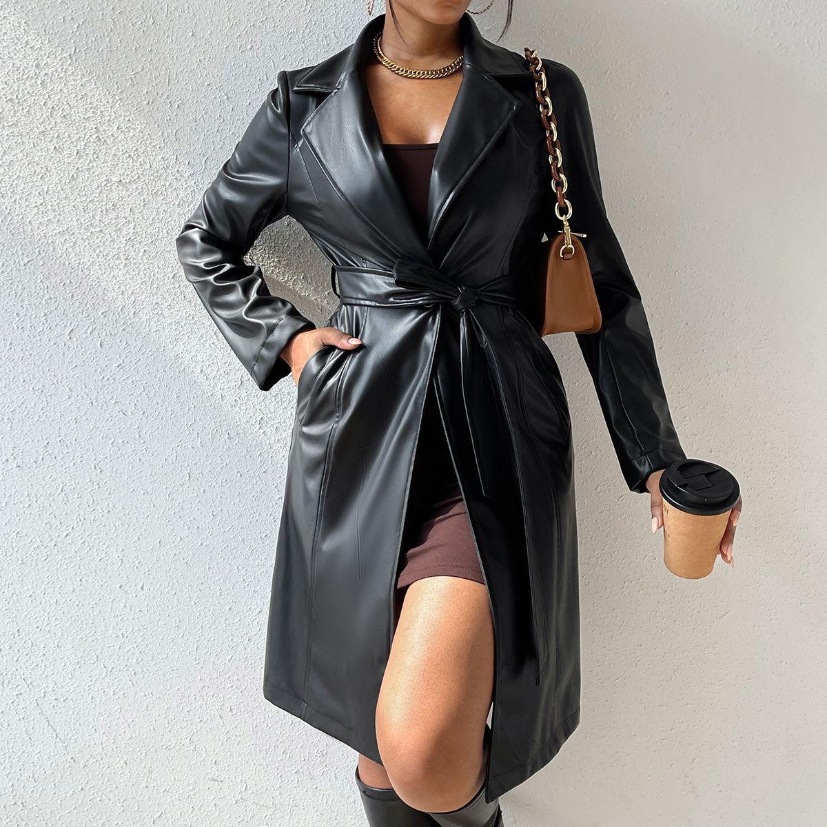 Eleganter Damen-PU-Leder-Trenchcoat mit langen Ärmeln und Taschen – Slim Fit in verschiedenen Farben