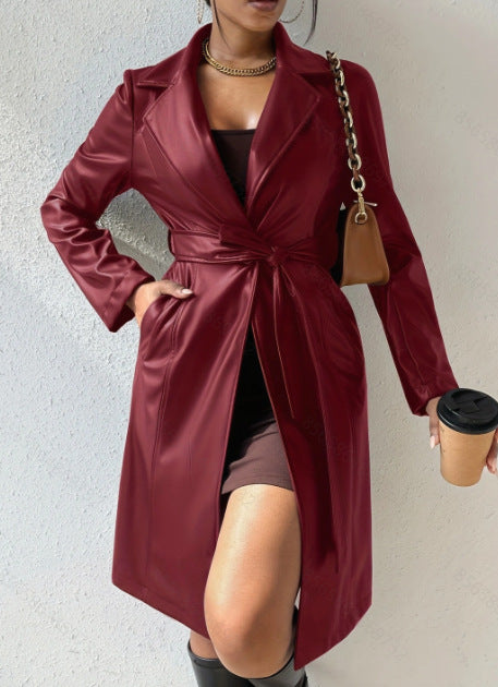 Eleganter Damen-PU-Leder-Trenchcoat mit langen Ärmeln und Taschen – Slim Fit in verschiedenen Farben
