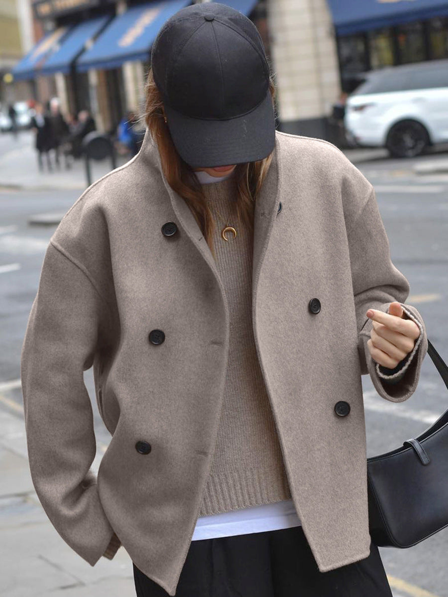 Eleganter Vintage-Wollmantel für Frauen mit V-Ausschnitt in Braun