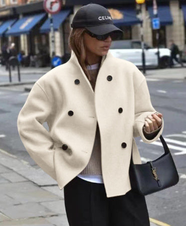 Eleganter Vintage-Wollmantel für Frauen mit V-Ausschnitt in Braun