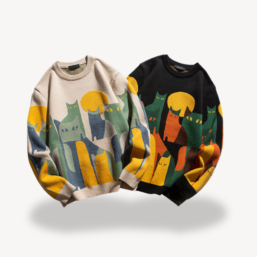 Herren Strickpullover aus Baumwolle – Mit Katzenmotiv