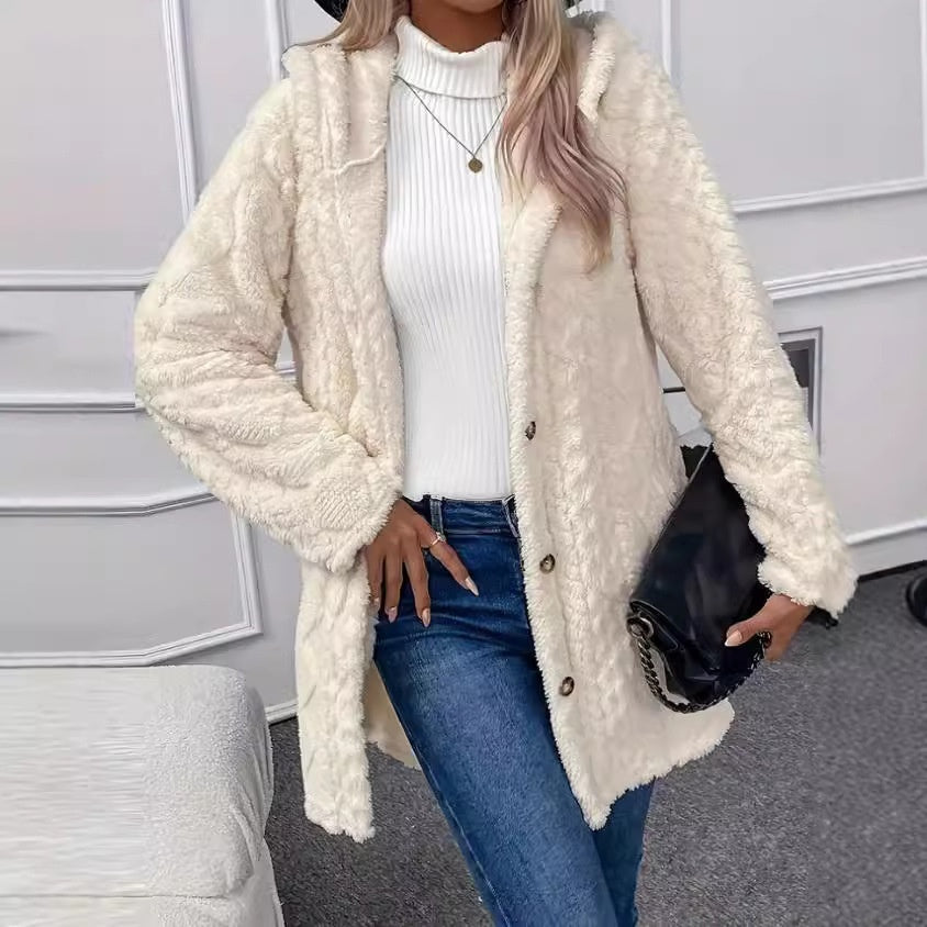 Hüftlanger Kapuzen-Cardigan mit Knöpfen - Winterjacke in schlichtem Design, Langarm