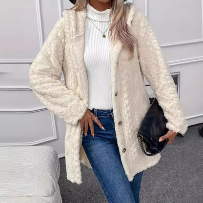 Hüftlanger Kapuzen-Cardigan mit Knöpfen - Winterjacke in schlichtem Design, Langarm