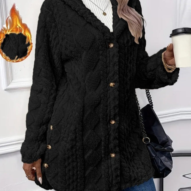 Hüftlanger Kapuzen-Cardigan mit Knöpfen - Winterjacke in schlichtem Design, Langarm