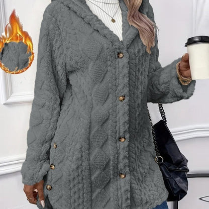 Hüftlanger Kapuzen-Cardigan mit Knöpfen - Winterjacke in schlichtem Design, Langarm