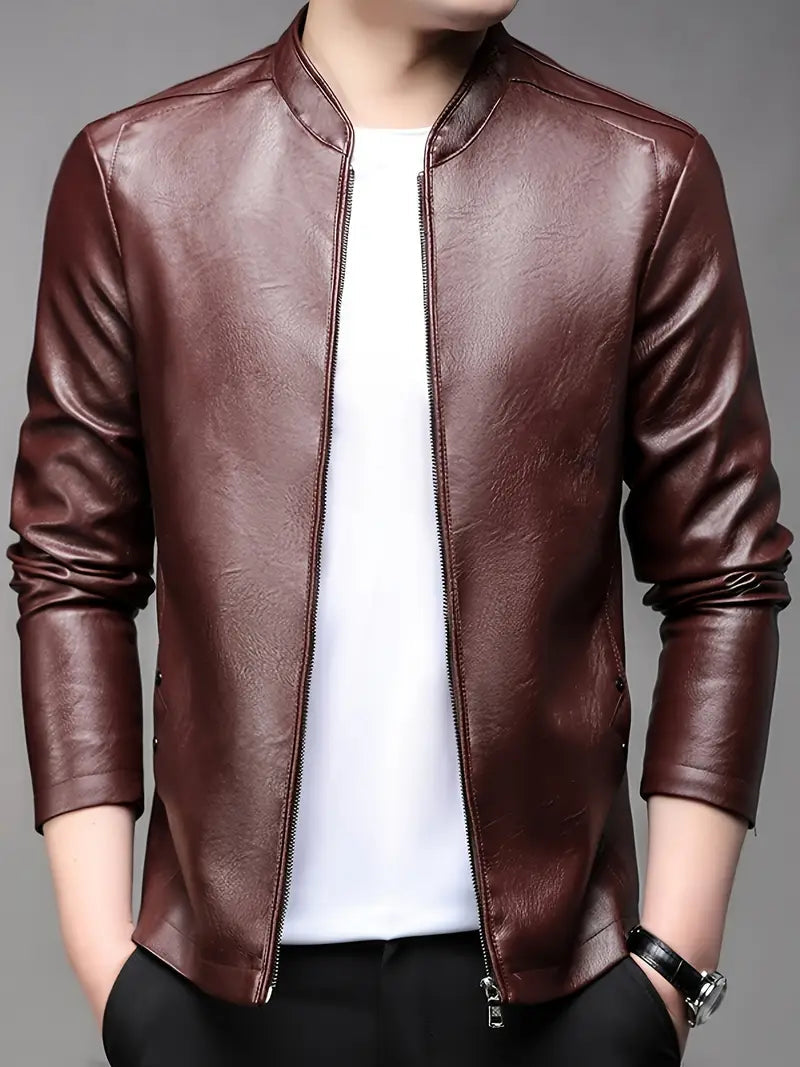 Moderne Einfarbige PU Lederjacke mit Stehkragen für Herren – Stilvoller Schutz bei Wind und Kälte