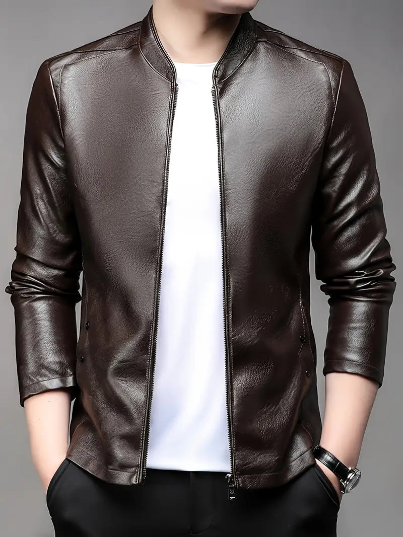 Moderne Einfarbige PU Lederjacke mit Stehkragen für Herren – Stilvoller Schutz bei Wind und Kälte