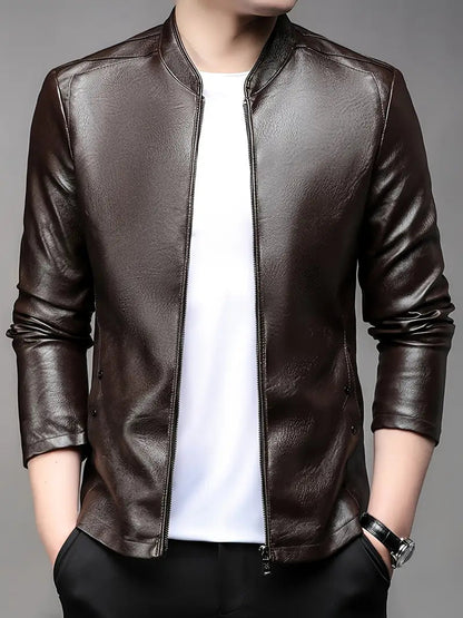 Moderne Einfarbige PU Lederjacke mit Stehkragen für Herren – Stilvoller Schutz bei Wind und Kälte