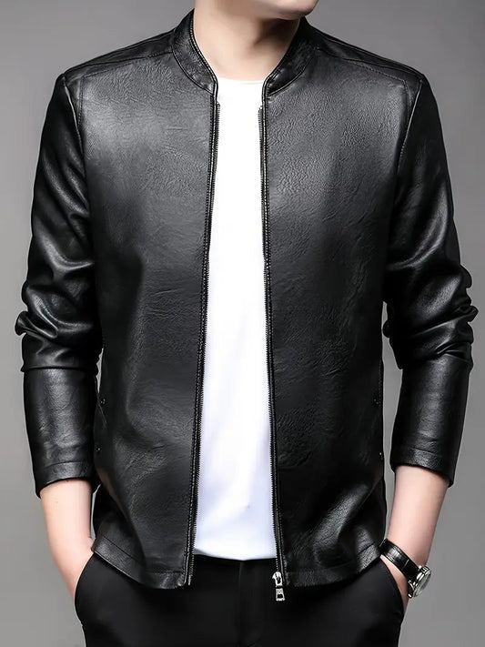 Moderne Einfarbige PU Lederjacke mit Stehkragen für Herren – Stilvoller Schutz bei Wind und Kälte