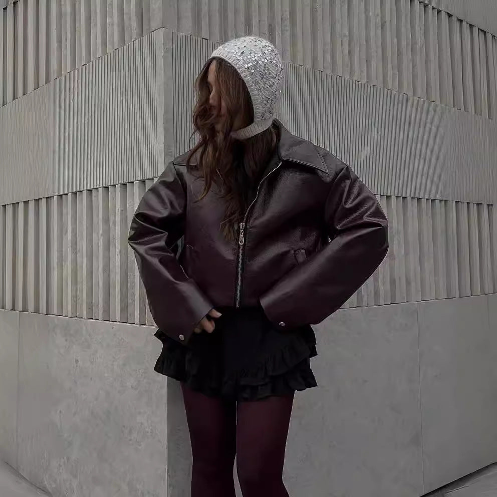 Modischer Damenjacke aus Kunstleder mit Reißverschluss und langen Ärmeln in verschiedenen Farben