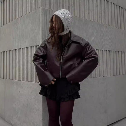 Modischer Damenjacke aus Kunstleder mit Reißverschluss und langen Ärmeln in verschiedenen Farben