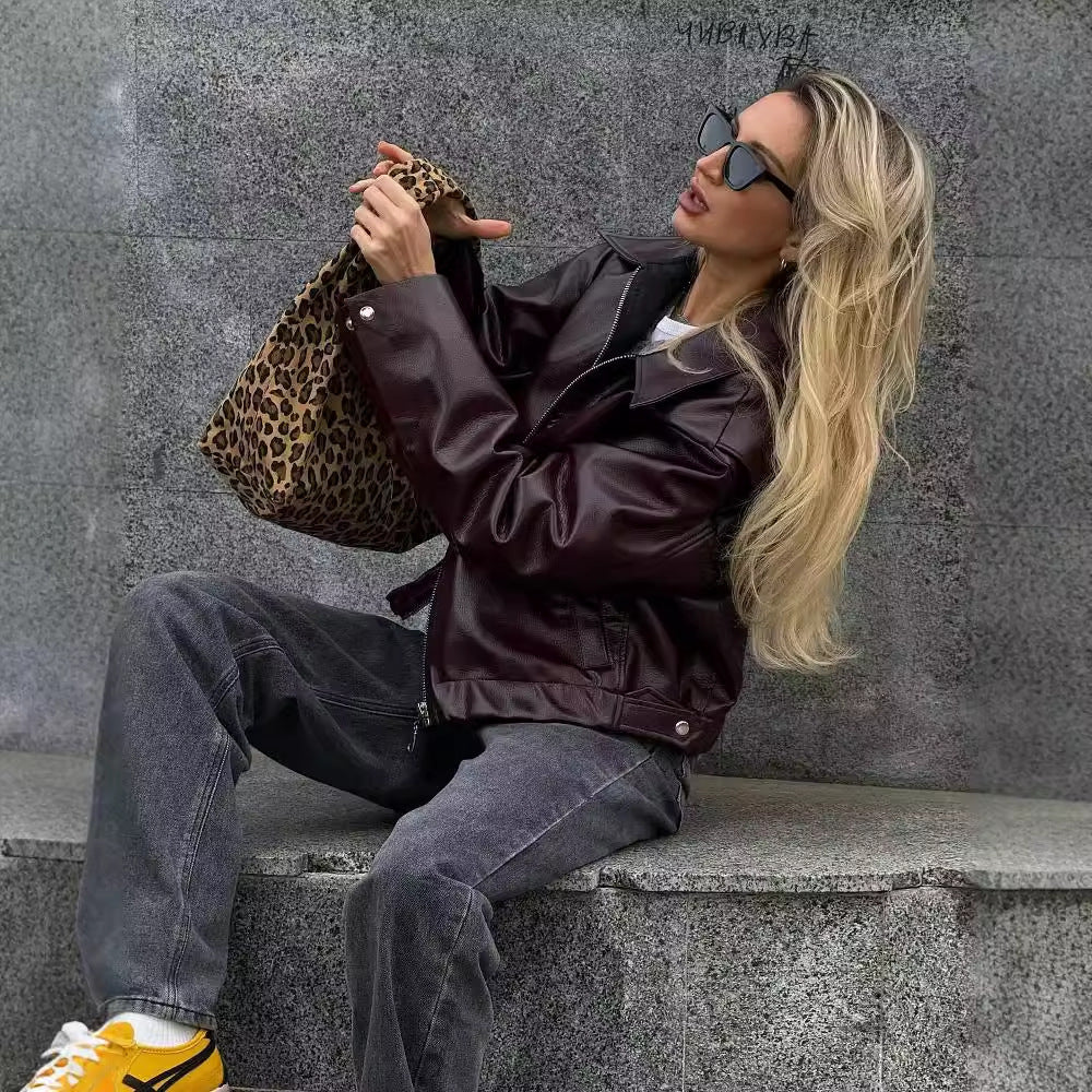 Modischer Damenjacke aus Kunstleder mit Reißverschluss und langen Ärmeln in verschiedenen Farben