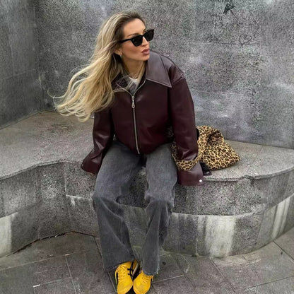 Modischer Damenjacke aus Kunstleder mit Reißverschluss und langen Ärmeln in verschiedenen Farben