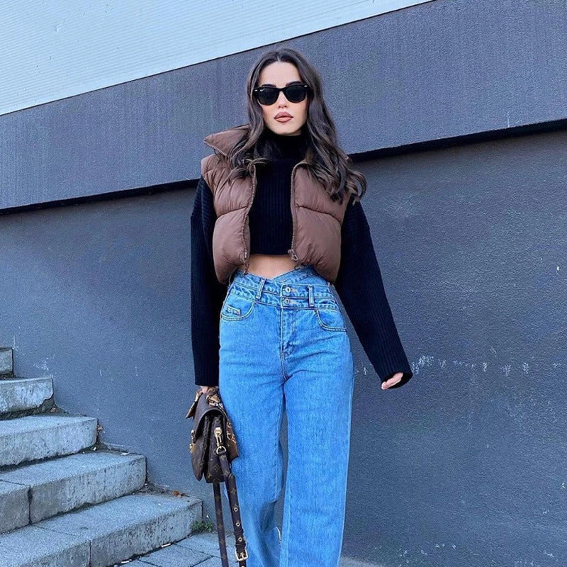 Stylische Damen-Winterweste mit Stehkragen und Reißverschluss – Kurze Baumwolljacke in Schwarz und Braun